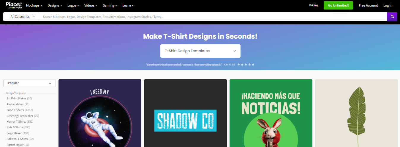 The interface of Placeit website