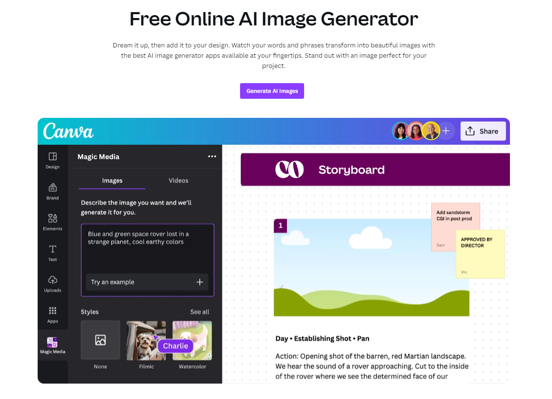 Website of Canva AI image generator