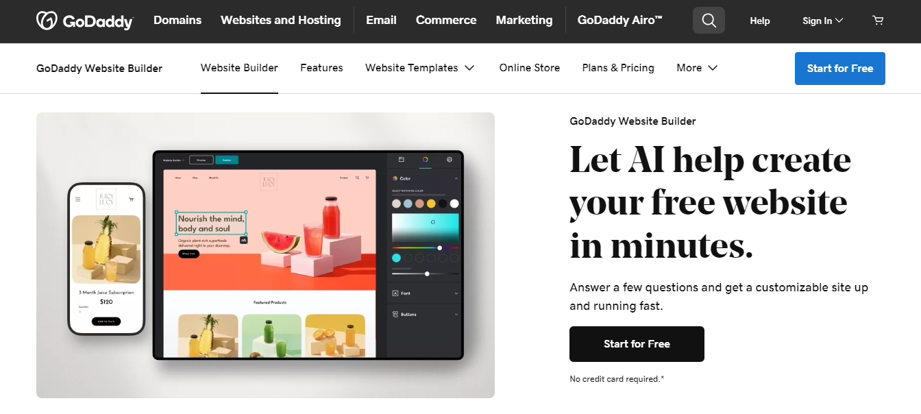 Homepage of GoDaddy website builder
