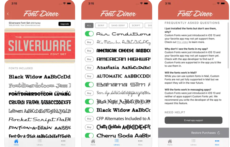 Screenshots of Font Diner app featuring retro-style custom fonts
