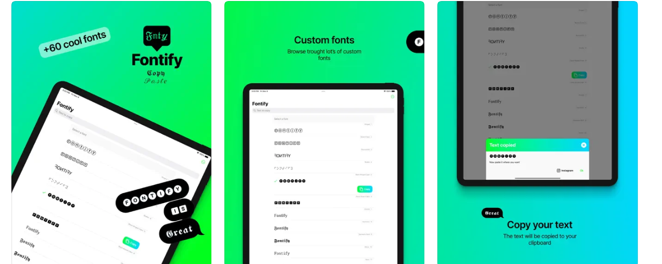 Screenshots from Fontify app showcasing custom font styles and interface