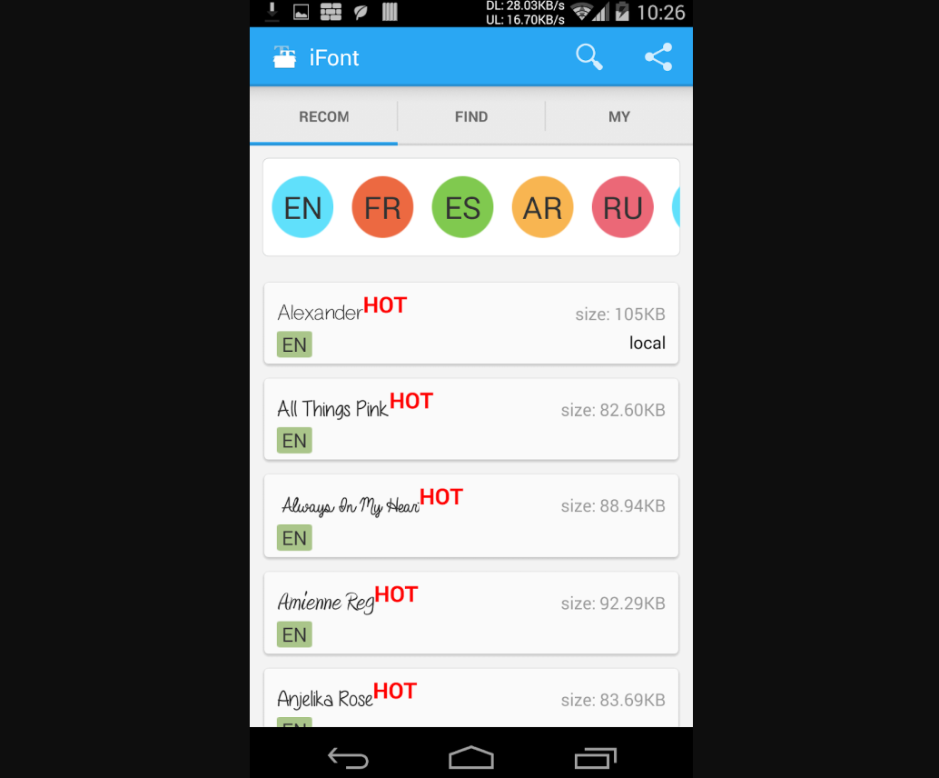 Screenshot of iFont app interface with various font options